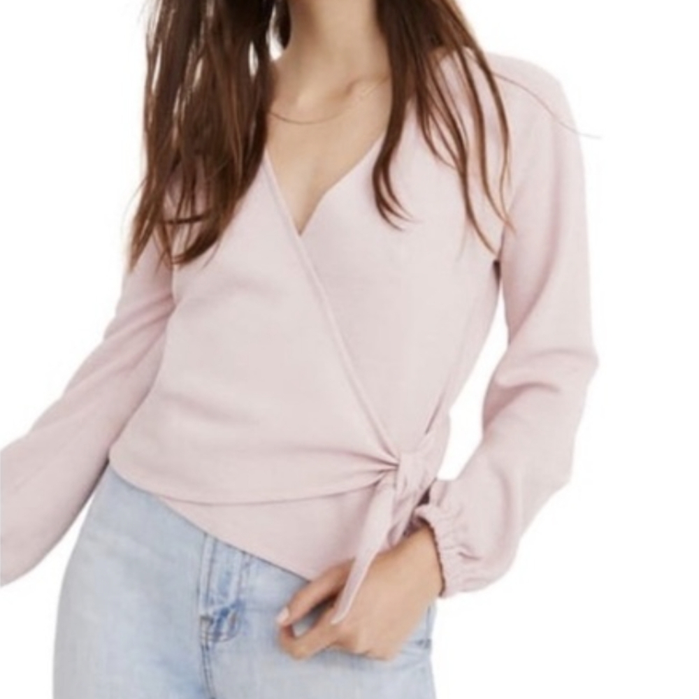 Madewell texture & thread light mauve pink long sleeve wrap top shirt blouse